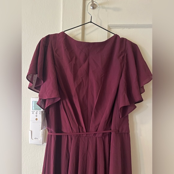 David’s Bridal Flutter Sleeve Wrap Dress in Wine Color - Picture 5 of 8